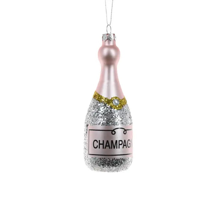 Pink Hanging Glittered Champagne Bottle Ornament