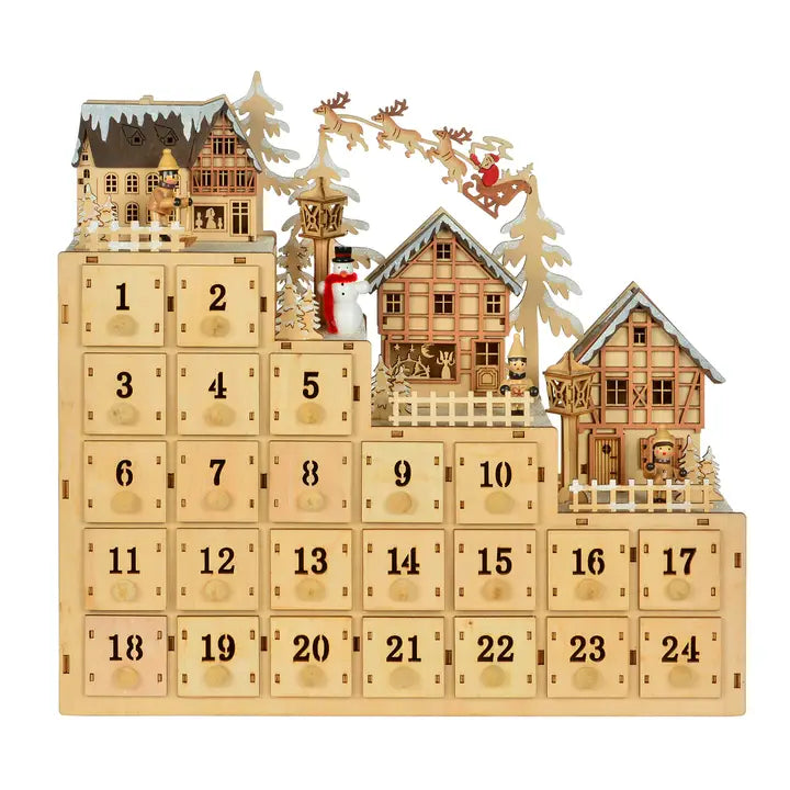 LED Advent Calendar With Holiday Houses, Snowman and Santa
