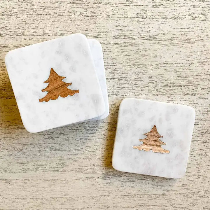 White Marble With Wooden Christmas Tree Coasters 4 X 4