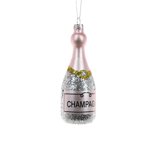 Pink Hanging Glittered Champagne Bottle Ornament