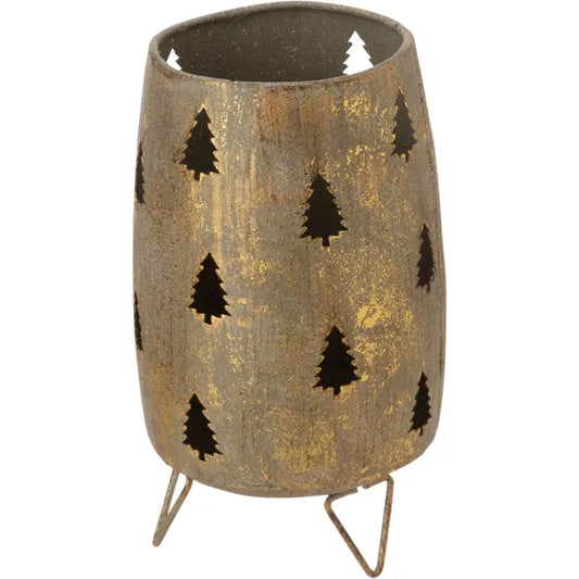 Antique Gold Metal Cylinder Tealight Holder With Tree Cutouts