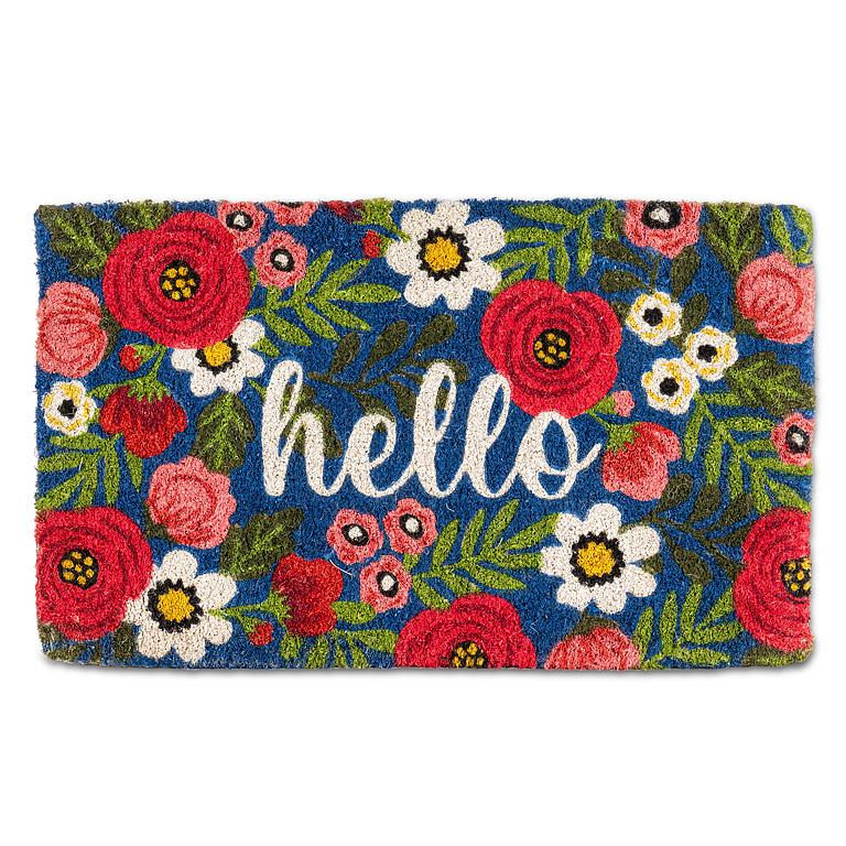 Pink & Navy Floral Hello Doormat - 18x30"L