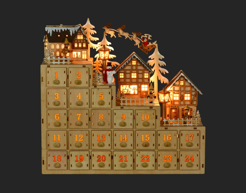 LED Advent Calendar With Holiday Houses, Snowman and Santa