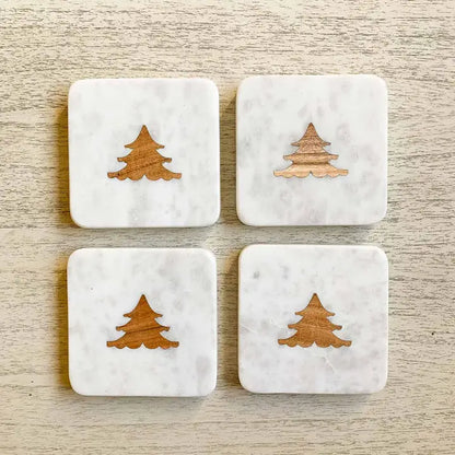 White Marble With Wooden Christmas Tree Coasters 4 X 4