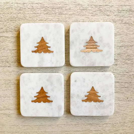 White Marble With Wooden Christmas Tree Coasters 4 X 4