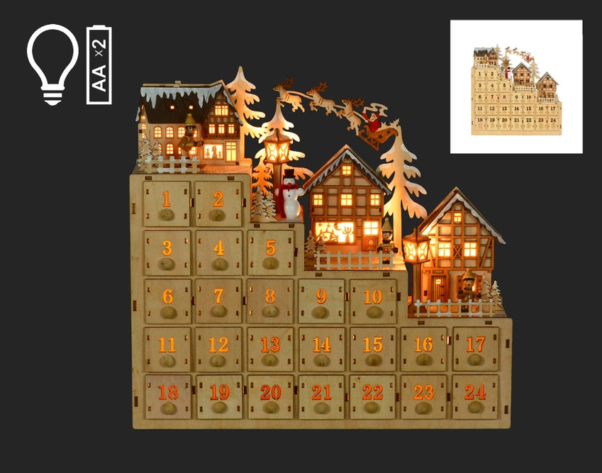 LED Advent Calendar With Holiday Houses, Snowman and Santa