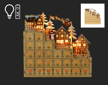 LED Advent Calendar With Holiday Houses, Snowman and Santa