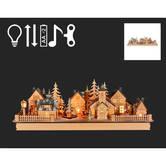 Laser Cut Wood Holiday Village With Lights 8.5x24"