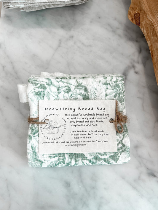 HANDMADE DRAWSTRING BREAD BAG - GREEN FLORAL